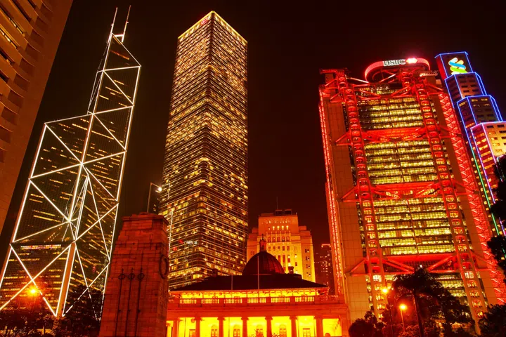 Night scene in Hong Kong View includes Bank of China Tower and Hsbc Hong Kong Headquarters Building on Febuary 15, 2013 in Hong Kong