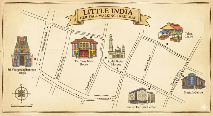 A drawing illustration of the little india heritage walking trail map