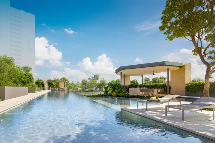 A 50-metre cantilevered pool suspended over the entrance courtyard on level 3 at The Serra residences.