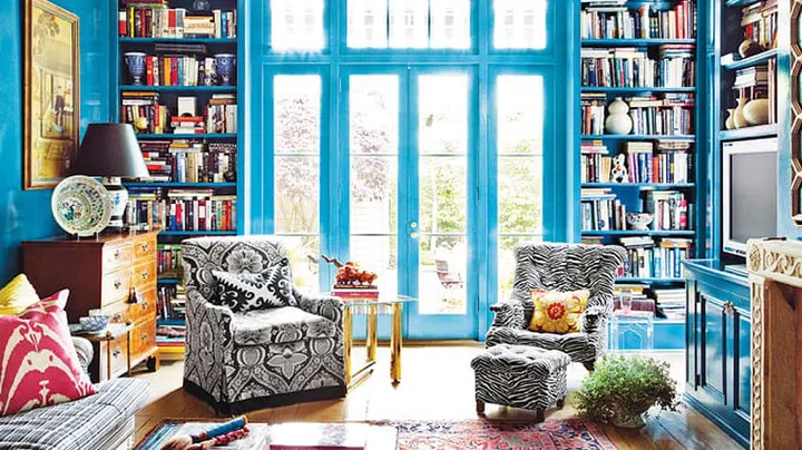 maximalist, maximalism, maximalist interior design, living room, study, blue