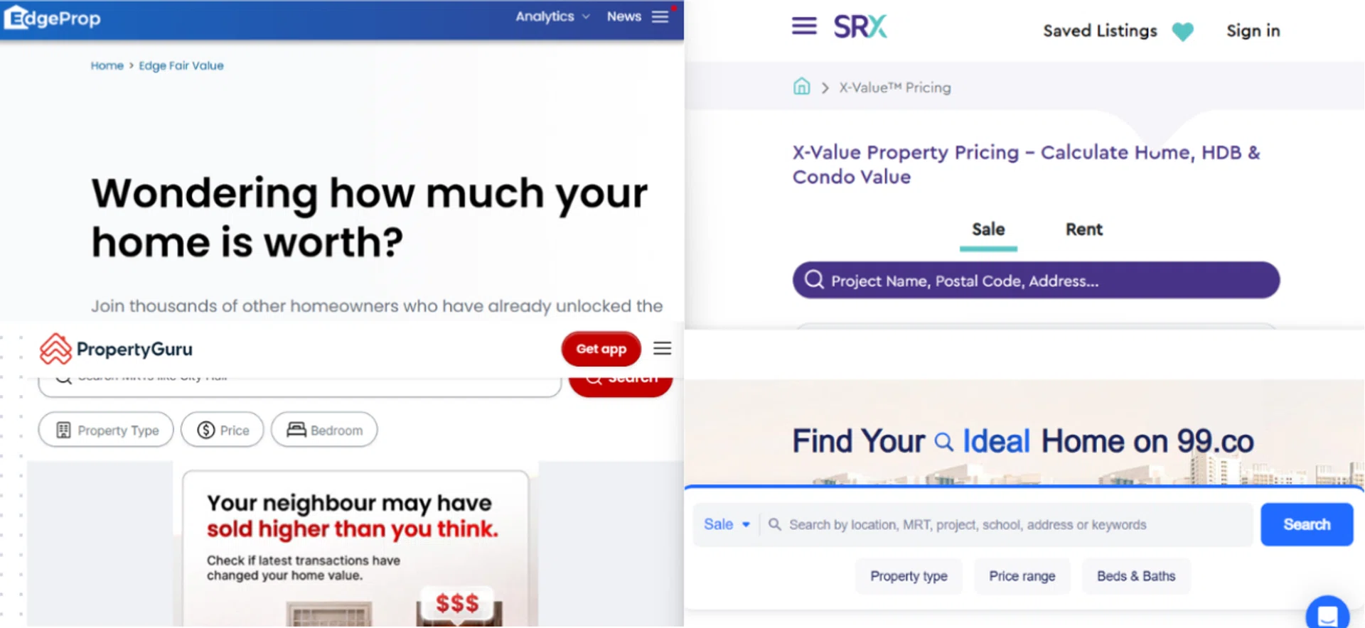 Screengrabs of popular property listing websites in Singapore