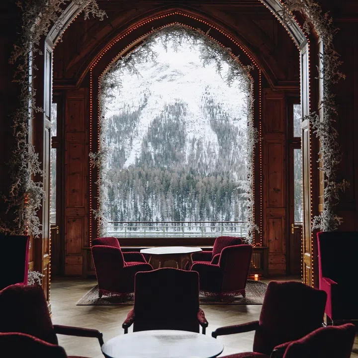 Sitting room in Badrutt’s Palace Hotel in St. Moritz, Switzerland.