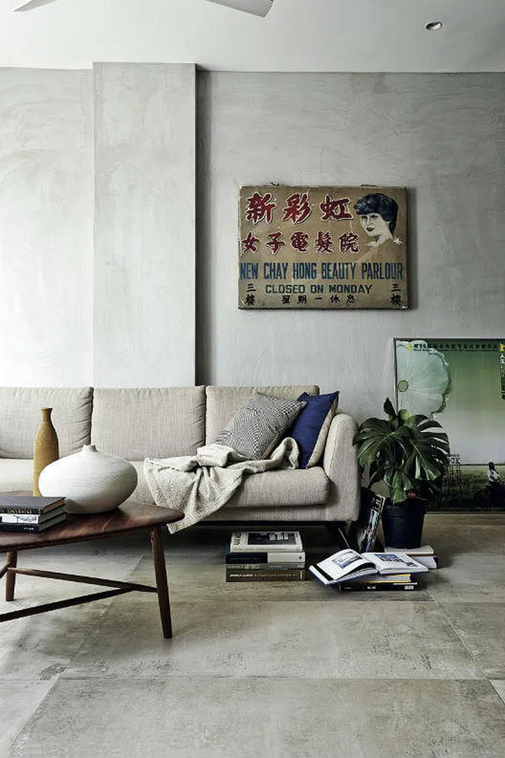 The beauty parlour signboard was given to Royston Tan by the owner of Xin Cai Hong Hair Salon, which had been around since the 1960s. As a student of Zhonghua Secondary School, Royston used to walk by every day, and ended up filming documentary, Old Romances, there three years ago. Tableware, cushions and throw, from Commune.