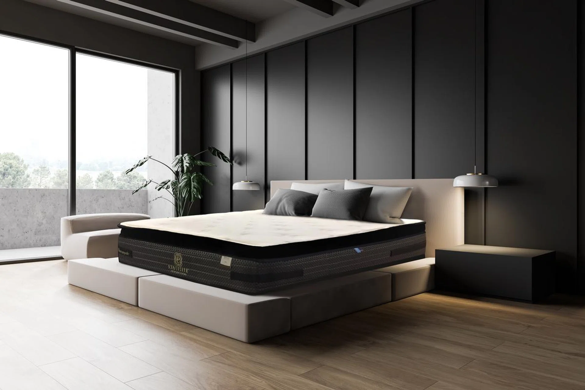 Luxury modern master bedroom corner with balcony, dark grey walls, wooden floor, cozy king size bed with two bedside tables and white lamps hanging above them. Comfortable armchair. 3d rendering