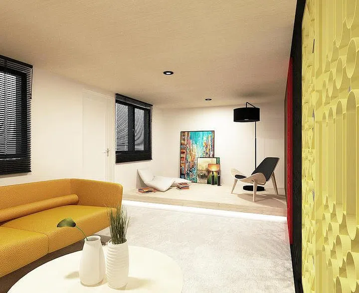 living room, three-room HDB flat, concrete floor