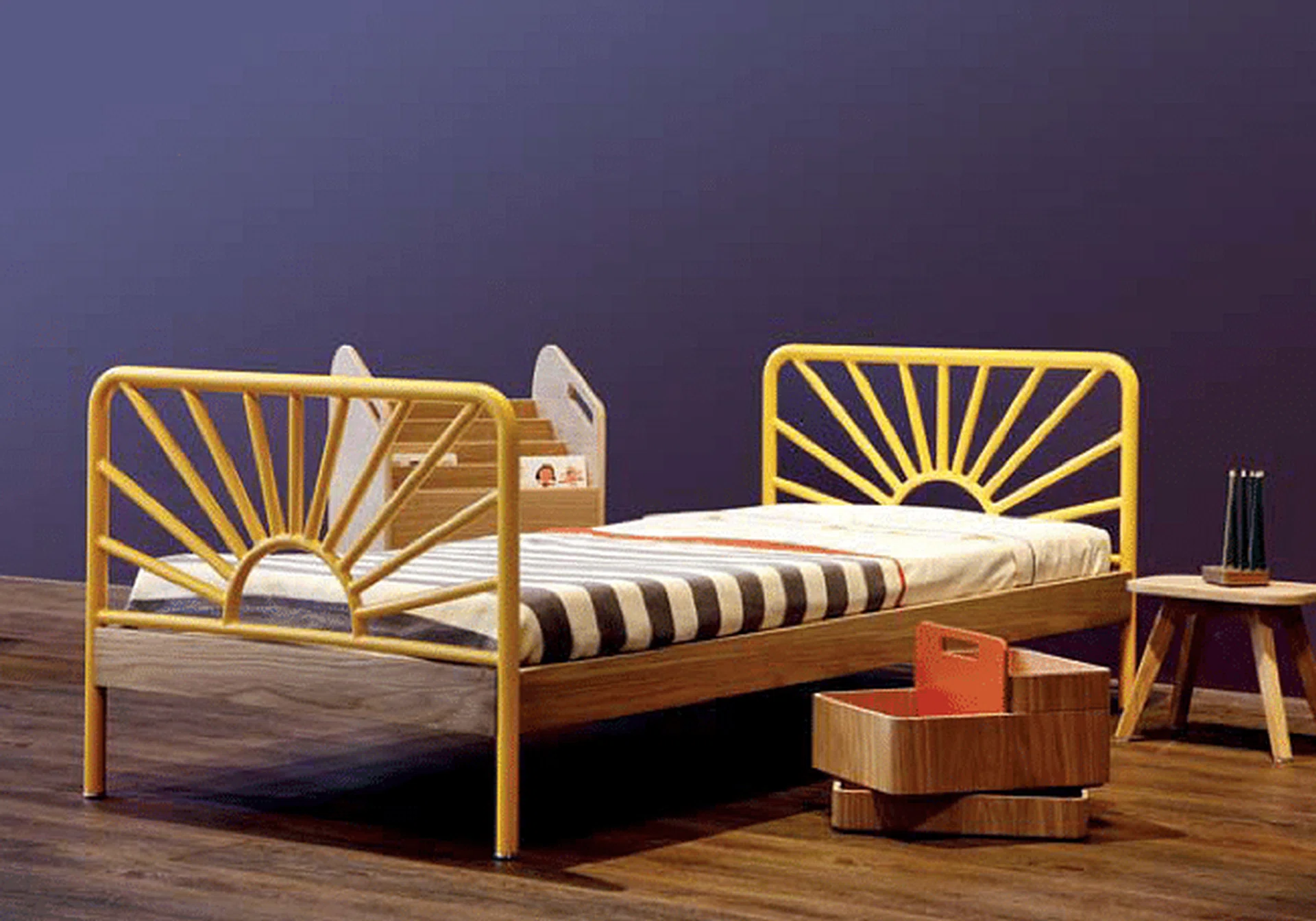Yellow bed frame with graphic stripe bedsheets by Italian contemporary kids furniture brand, Sand Furniture Italy