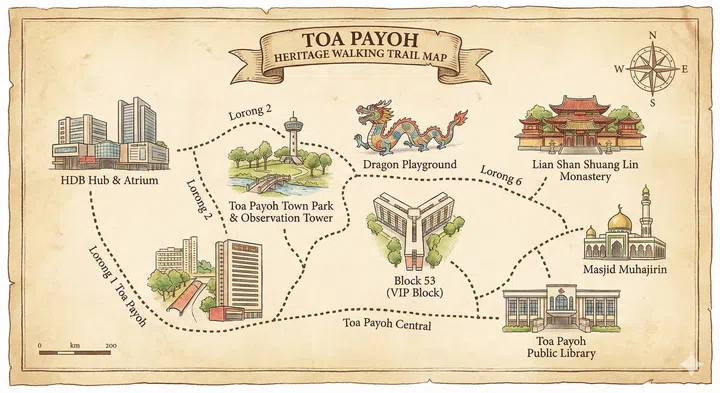 A drawing illustration of the Toa Payoh heritage walking trail map.
