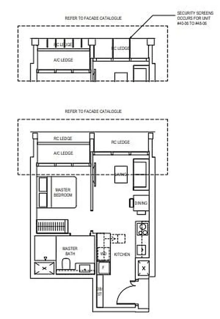 Canninghill Piers condo floor plan for 1-bedroom (Type A1) unit that spans 409 sq ft. Image from Canninghill Piers brochure