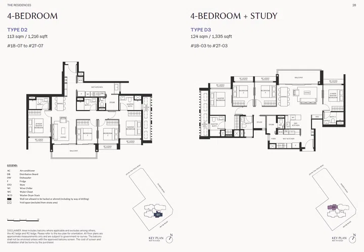 The Serra Residences 4-bedroom Type D2 (1,216 sqft) and D3 (1,335 sqft - 4-Bed + Study).
