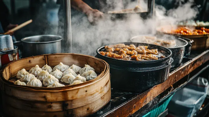 steamed dumplings in bamboo steamer at street food market