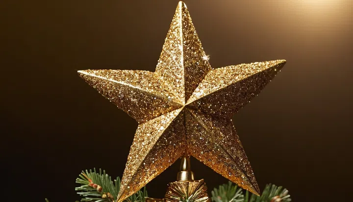 Christmas decoration with golden star on a fir branch on a dark background