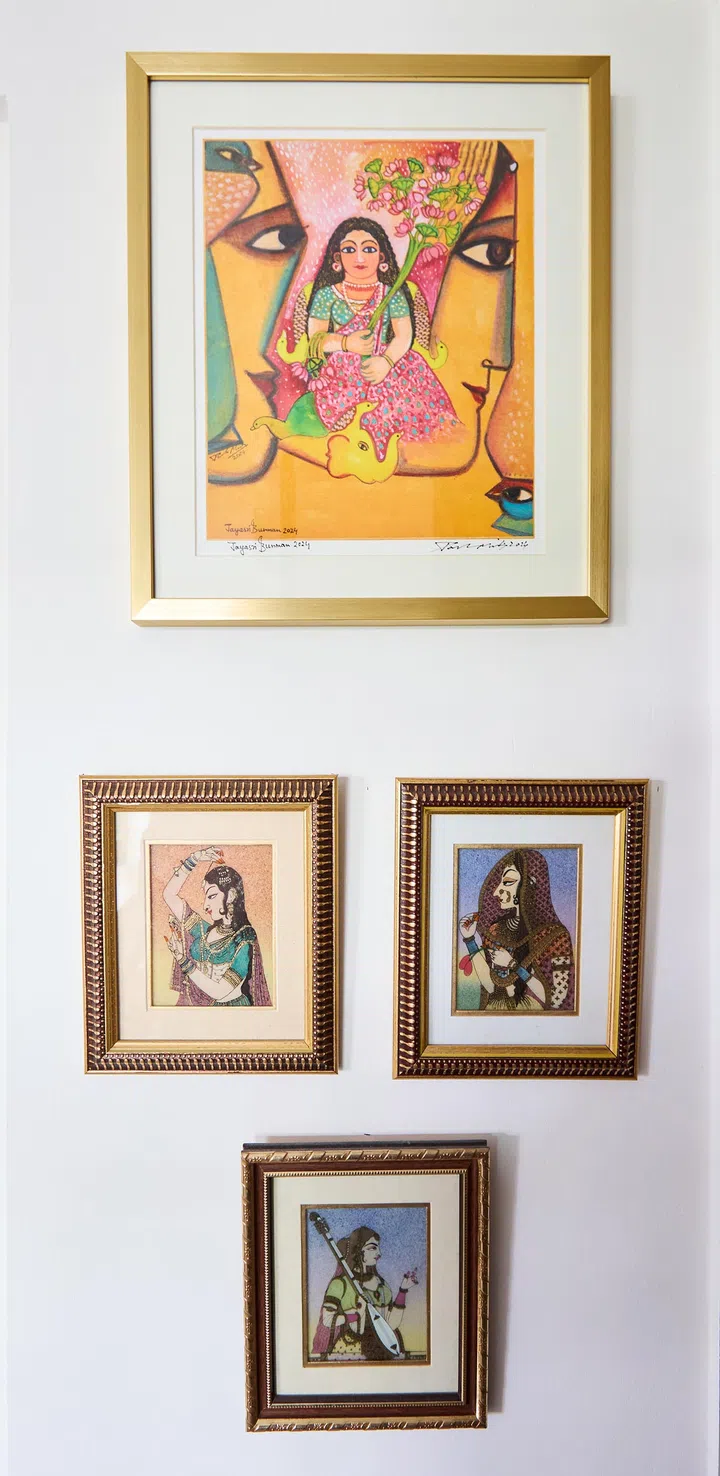 Artworks hung throughout their home pay tribute to Priya's Indian heritage.