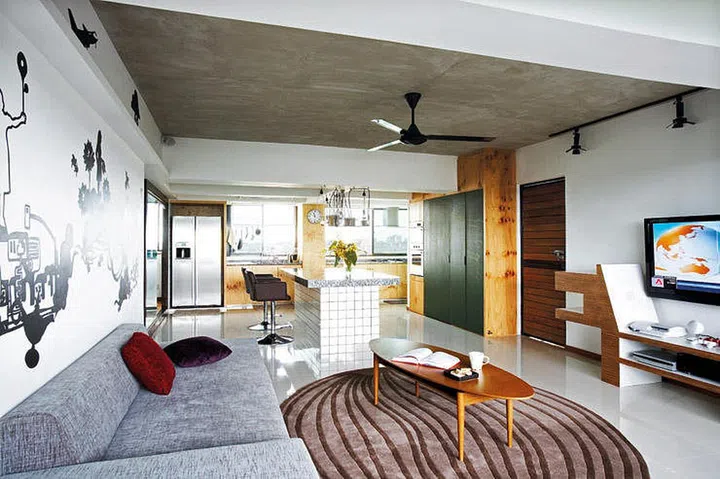living room, industrial, ceiling, cement, concrete, amazing, open-concept,