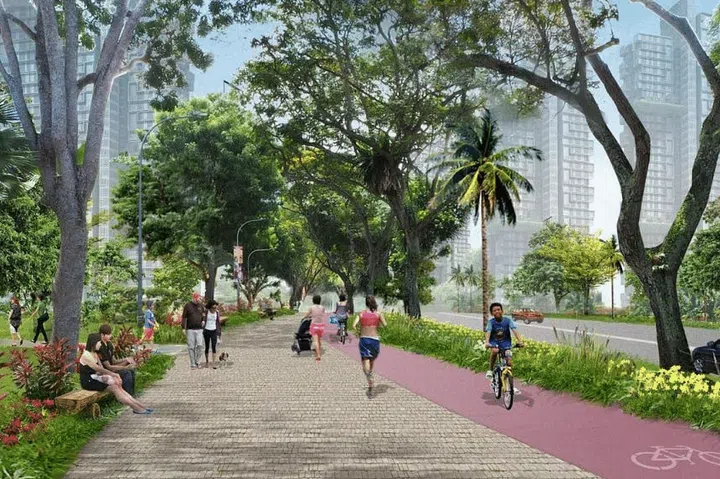 An artist’s impression of dedicated cycling paths and pedestrian footpaths between Commonwealth MRT station and the Rail Corridor at the new Tanglin Halt BTO redevelopment. PHOTO: HDB
