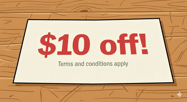 A cartoon drawing of a paper voucher that states “$10 off! Terms and conditions apply”.