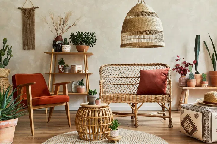 Stylish composition of cozy living room interior with copy space, lot of plants, wooden shelves, rattan sofa and boho accessories. Beige wall, carpet on the floor.