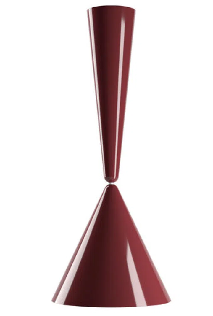 ‘Diabolo pendant light with direct lighting designed by A. Castiglioni, composed of a ceiling rose and diffuser. Body in aluminium with external paint in 3 different colour options (shiny white, beaver brown, and cherry red), while the inside of the diffuser is shiny white.’ 