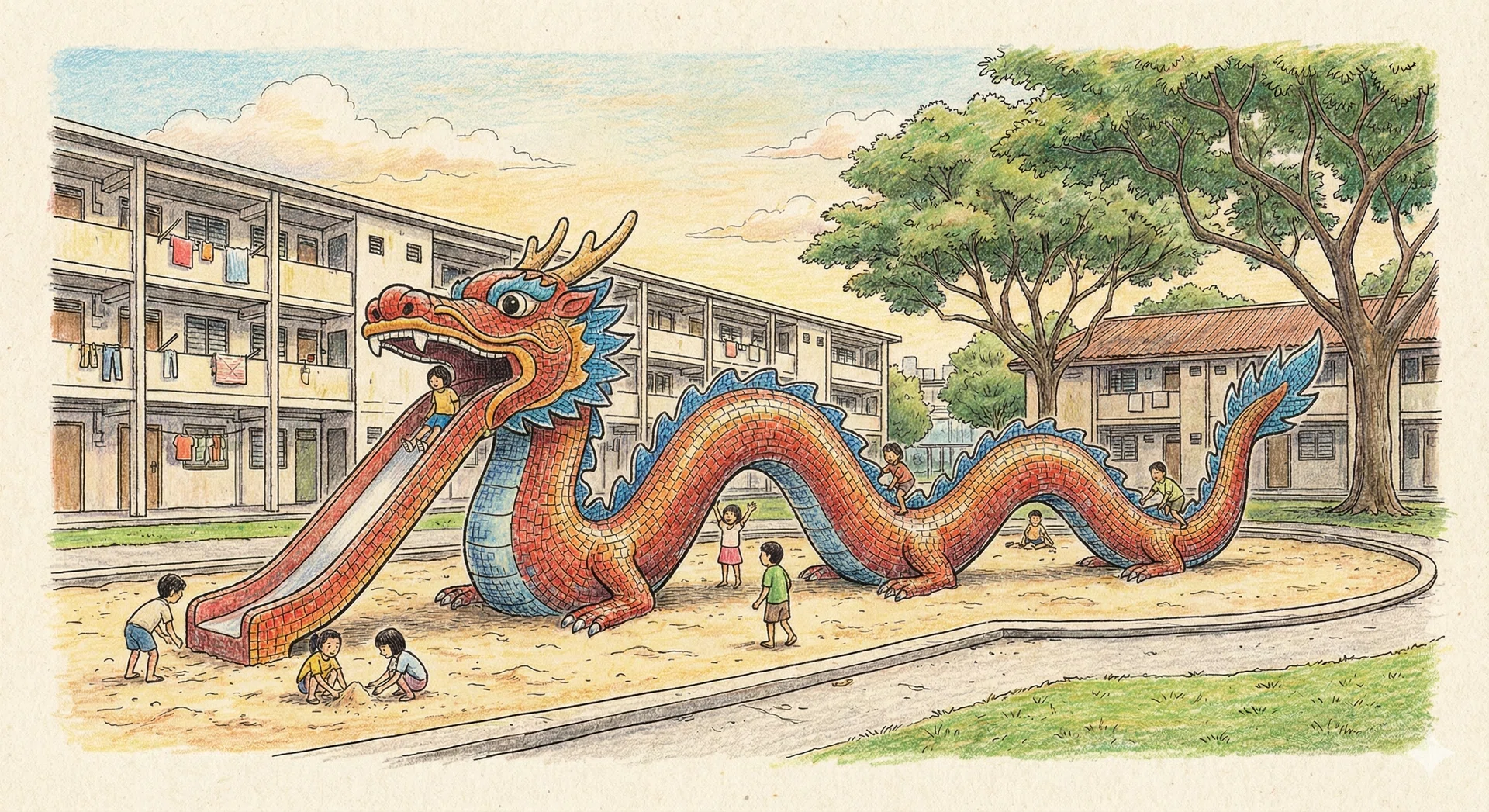 A drawing of The Iconic Main Dragon playground at Toa Payoh Lorong 6.