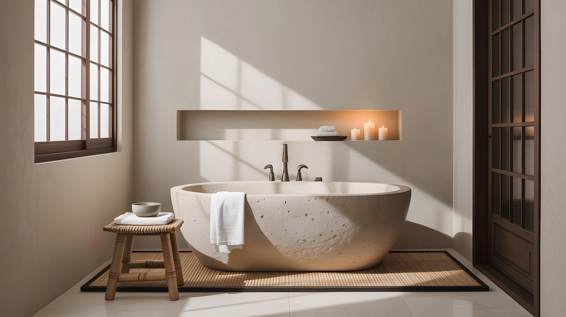 A tranquil bathroom features a stone-like freestanding tub bathed in soft natural light.