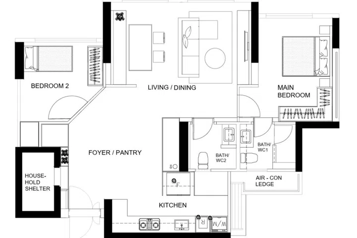 Final floor plan: The revised layout prioritises openness and everyday living, replacing one bedroom with a foyer and pantry while expanding the home’s communal spaces.