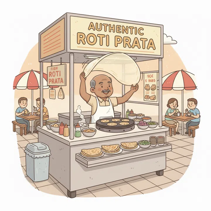A drawing illustration of an Indian uncle making roti prata in a prata hawker stall.