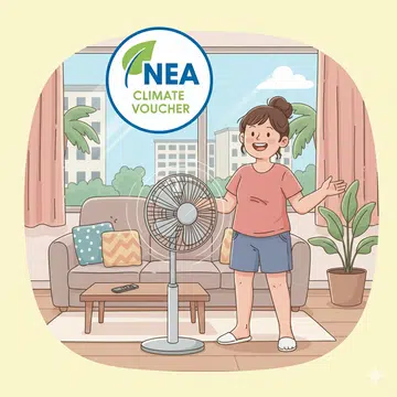 A cartoon drawing illustration of a lady in her HDB living room, standing next to a fan, with the NEA Climate Voucher logo above her head.