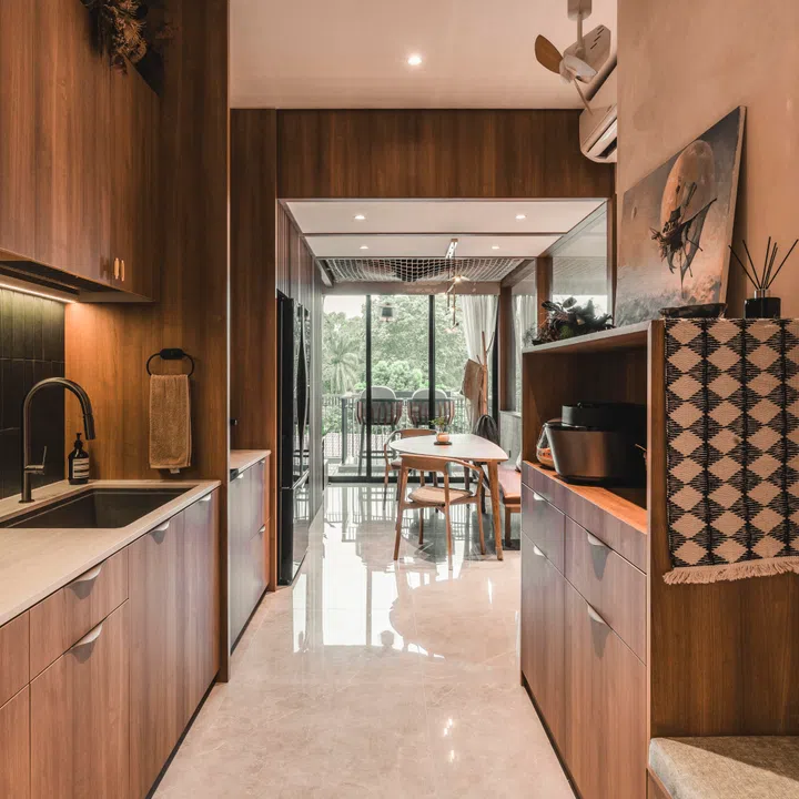 The alignment of kitchen, dining and balcony creates a natural progression through the home, demonstrating how adjacency shapes daily flow in a compact layout.