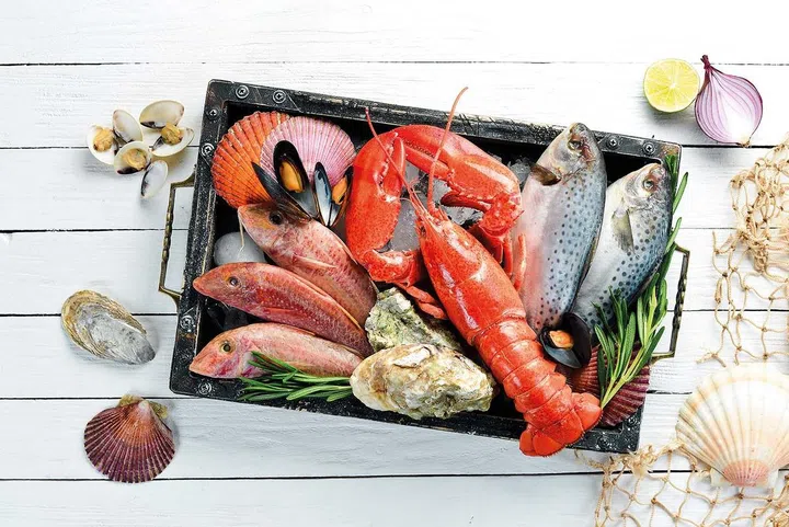 Seafood on a white background. Lobster, fish, shellfish. Top view. Free copy space.