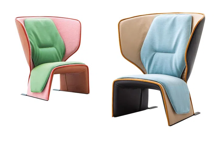 Designed for users to lounge comfortably, the Cassina 570 Gender armchair by Patricia Urquiola (2016) is high backed, with a soft-padded inner upholstery that tilts 12 degrees backwards.