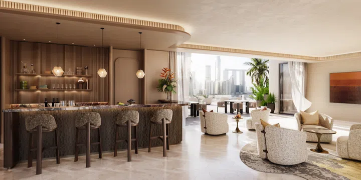 Home bar in the upcoming Rixos Al Reem Residences in Abu Dhabi, UAE (completion in 2029).