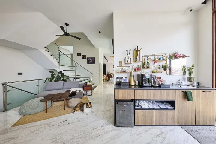 Stairwell seats and pantry bar in interior designer Cheryl Gay of Coterie Design's 3,600 sq ft semi-detached home in Yio Chu Kang.