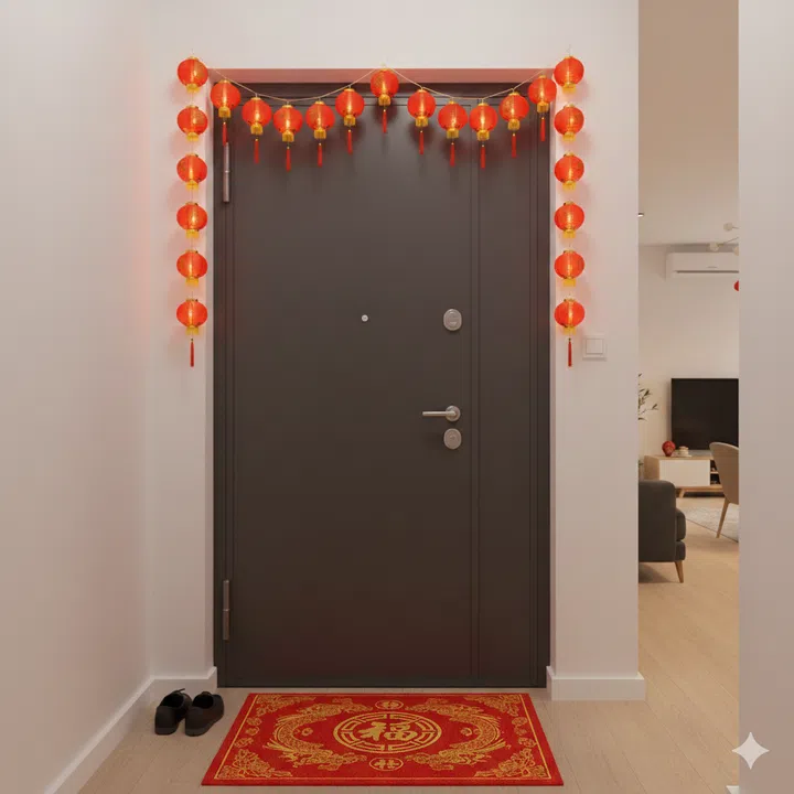 A Chinese New Year lantern garland on the main entrance door of an apartment.