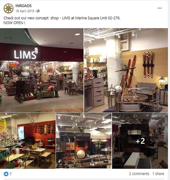 Facebook screengrab of InRoads Facebook page on 18 April 2015 announcing their new concept shop, LIMS at Marina Square, unit 02-276.
