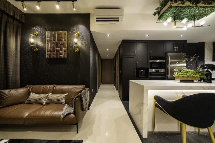 Living room in a banking couple's 3-bedroom condominium in West Coast.