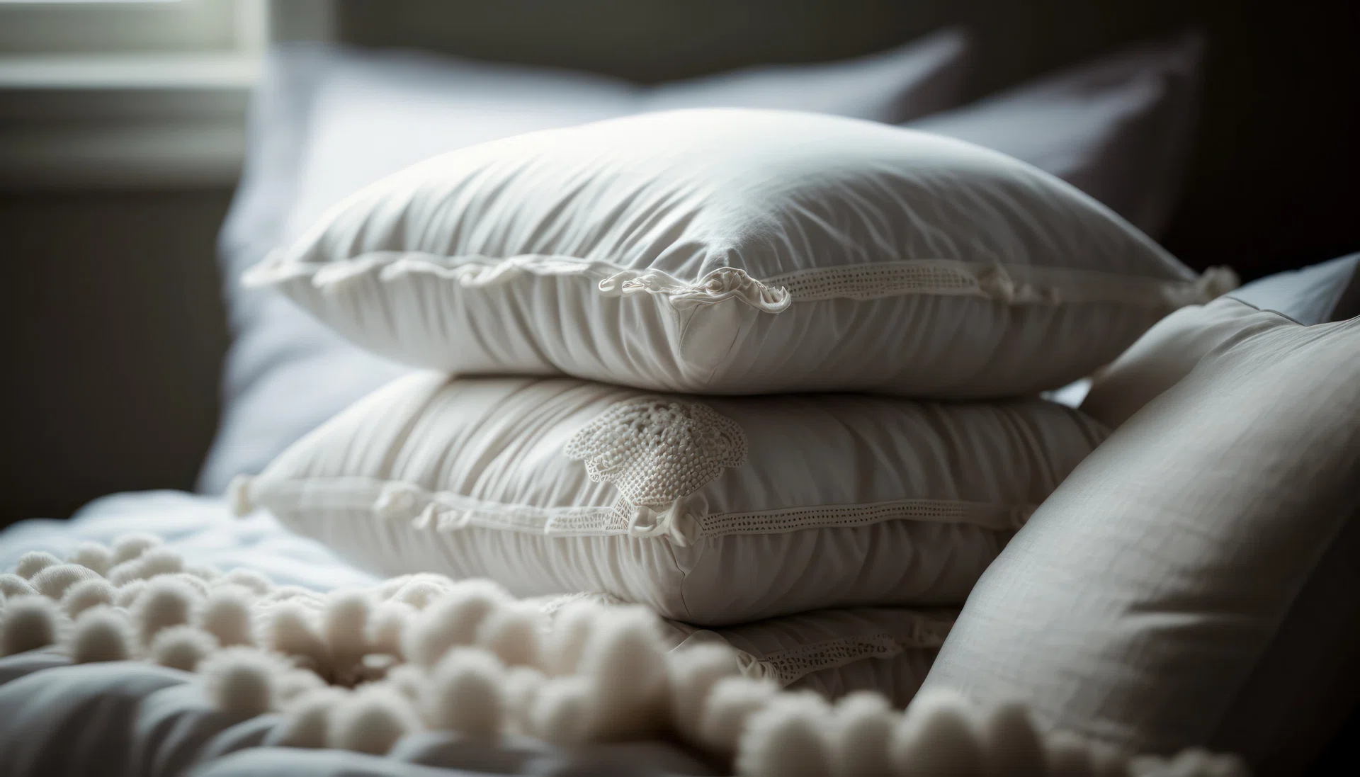 A serene bedroom scene captures the essence of comfort and tranquility, showcasing plush pillows stacked.