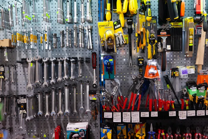BARCELONA, SPAIN - OCTOBER 22, 2019: Close up of construction work tools on stand at hardware store