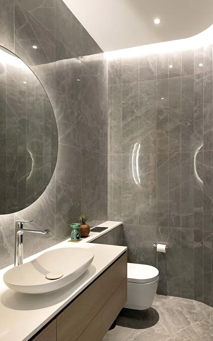 Taking cues
from the “ren”
roof, curves
are introduced
around the
house, such as
in the powder
room, to soften
the forms.