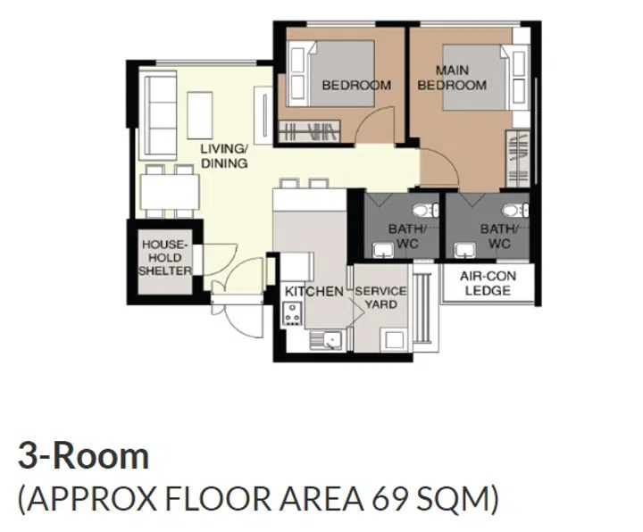 Punggol Point Crown BTO 3-room floor plan.