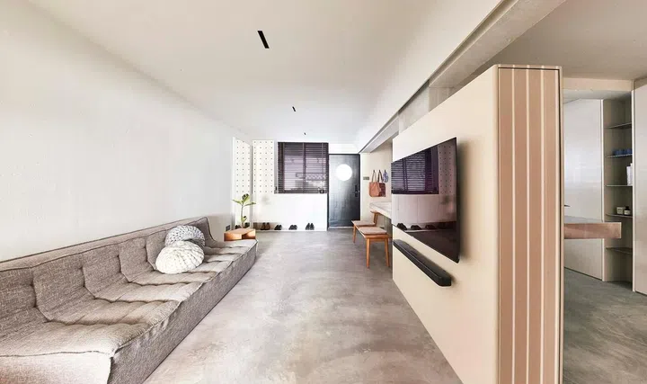 There are hardly any walls in this 3-room HDB resale flat in Everton Park: even the bedroom is partitioned from the communal area only by a sliding screen.