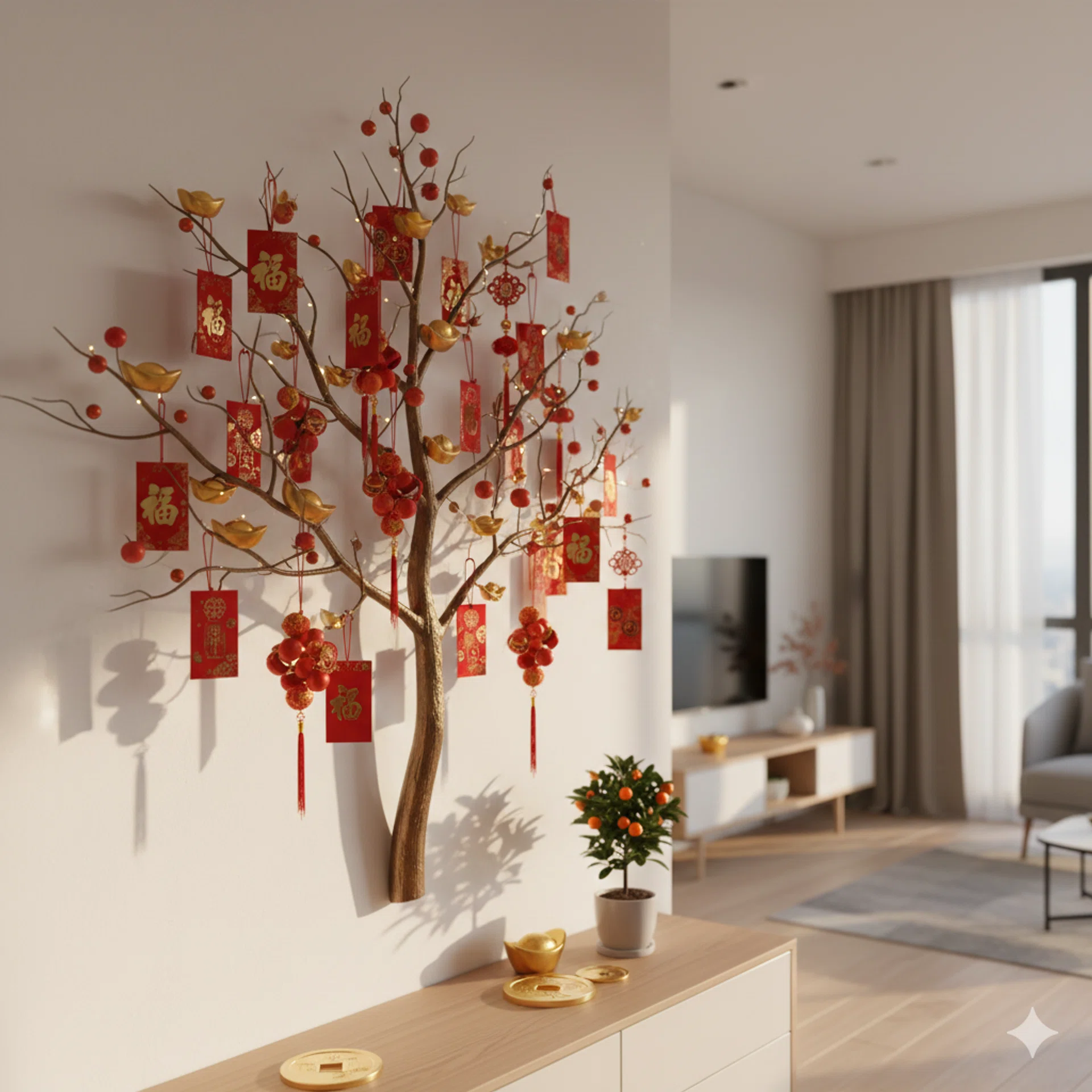 An artificial money tree Chinese New Year decor on a wall in an apartment.