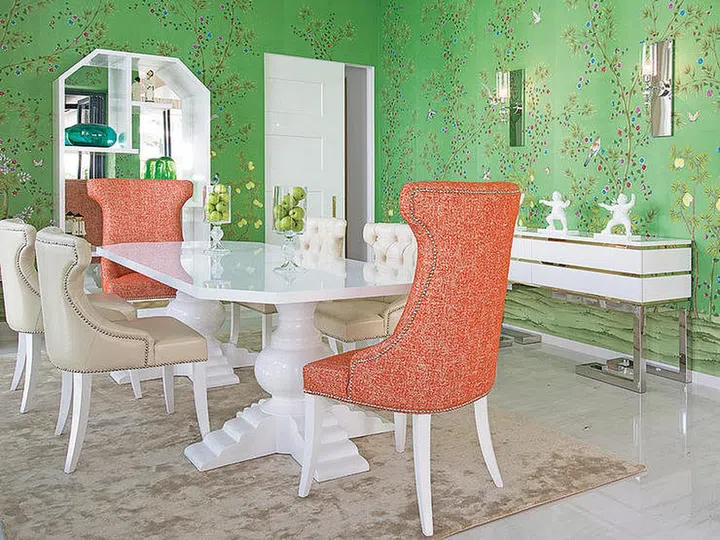 dining room design, interior design, room decor, printed, green wallpaper