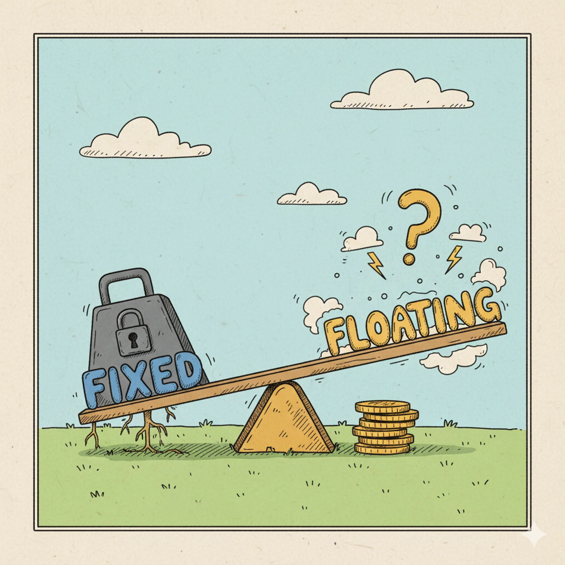A drawing illustration of a seesaw with “FIXED” on one end and “FLOATING” on the other.