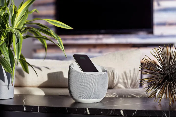 Hi-Fi Smart Speaker + Wireless Charger; lifestyle;,White