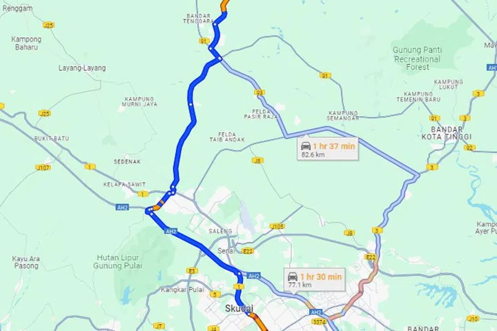 Map showing 1.5 hour car journey from Johor checkpoint to Linggui Reservoir.