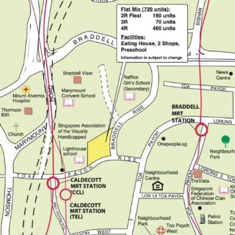 Map showing location of the Toa Payoh Rise/ Braddell Rise BTO site (approximately 720 units) launching in the July 2025 HDB BTO sales exercise.