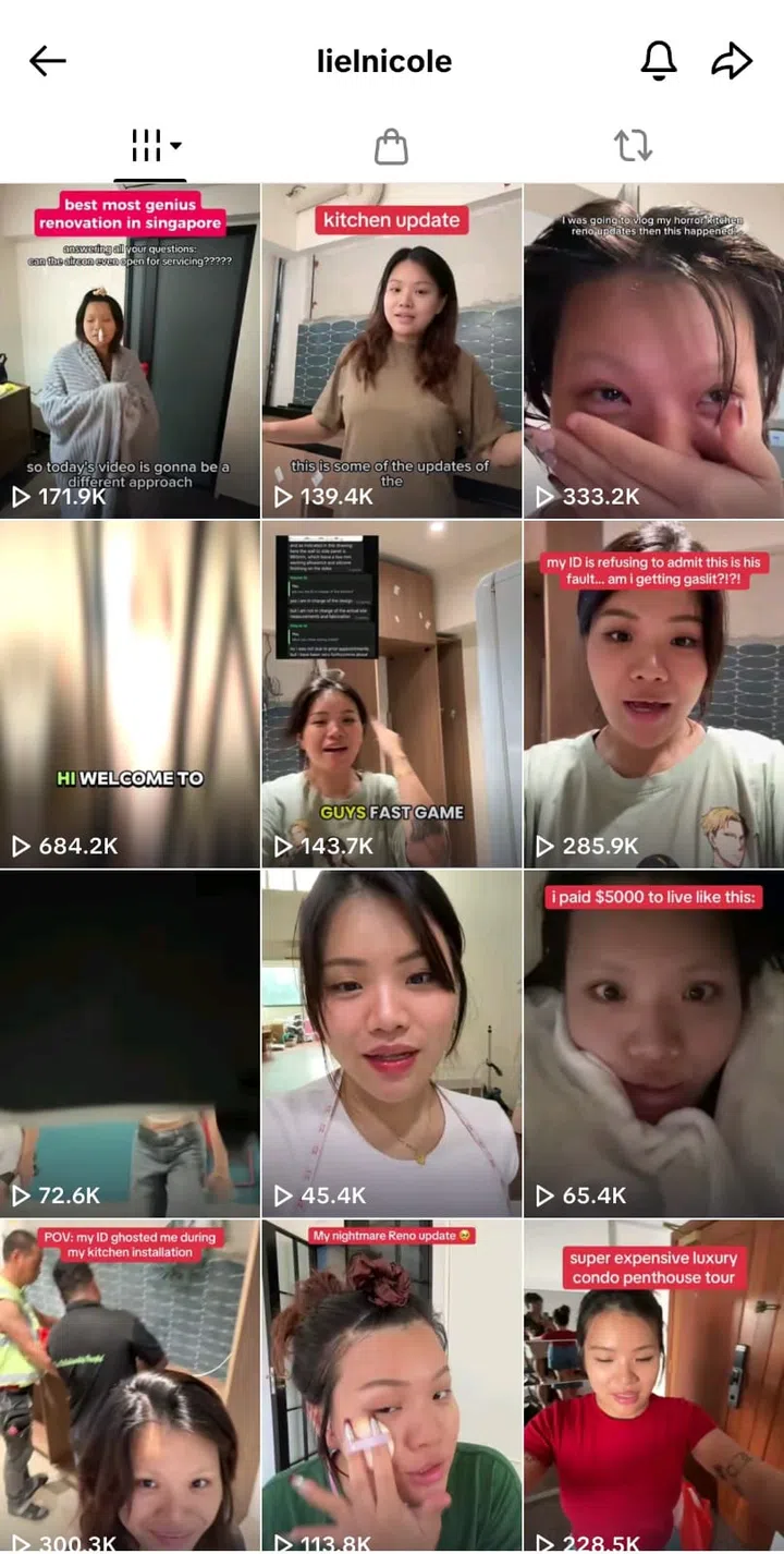A series of Tiktok videos posted by Nicole Liel on Tiktok, documenting her raw, disappointed reaction to the state of her HDB BTO flat's renovation.
