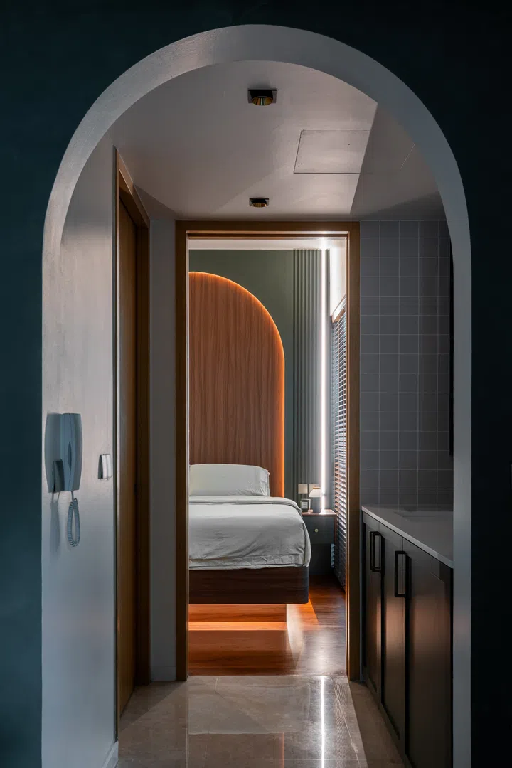 The kitchen and the hallway leading to the Master Bedroom with the vanity on the right-hand side.