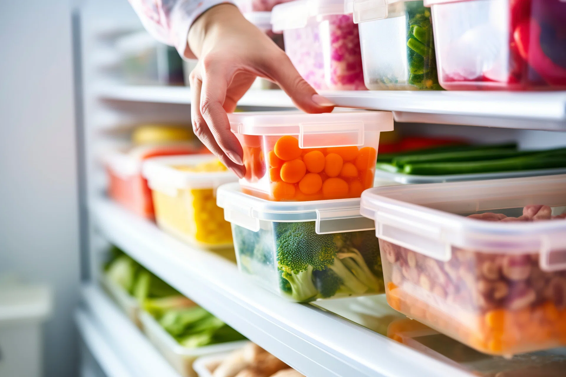 A woman picks up a lunch box with already prepared and frozen food. AI generated.