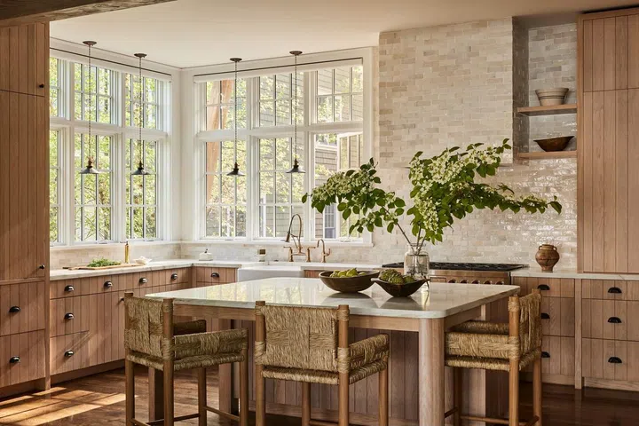 Dining room with farmhouse interior design. Farmhouse style living room and dining room., Interior Design by Of Place Studio. Photo by Nicole Franzen. Styling by Brittany Albert
