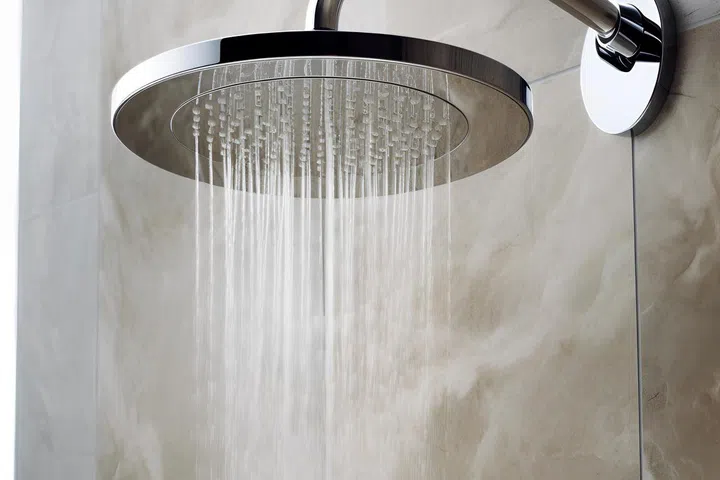 Shower head with running water in modern bathroom.